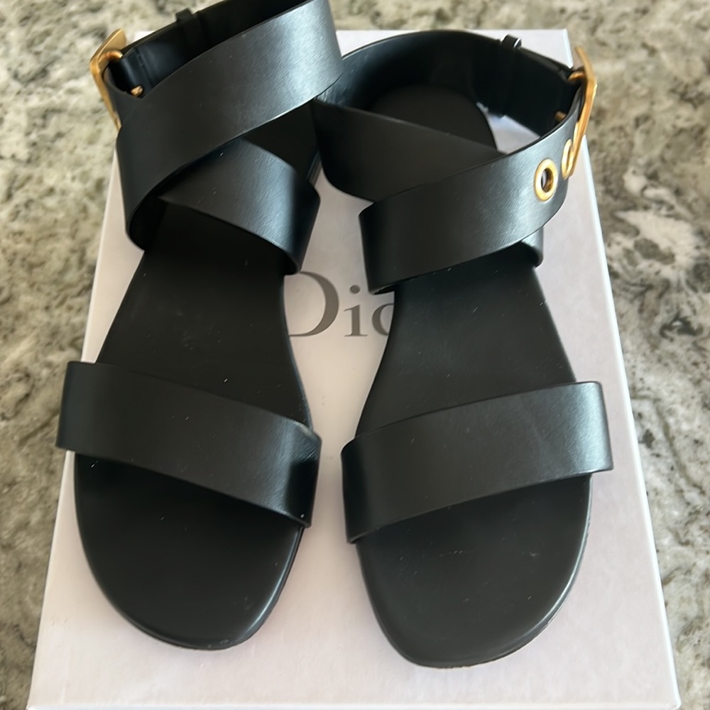 Dior Black Leather D Dior Ankle Strap Flat Sandals